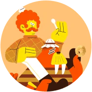 Colorful abstract illustration of a person with a mustache holding a spoon.