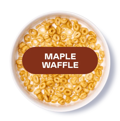 Bowl of cereal with 'Maple Waffle' label on top.