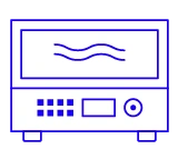 A simple blue line icon of a microwave oven on a green background.