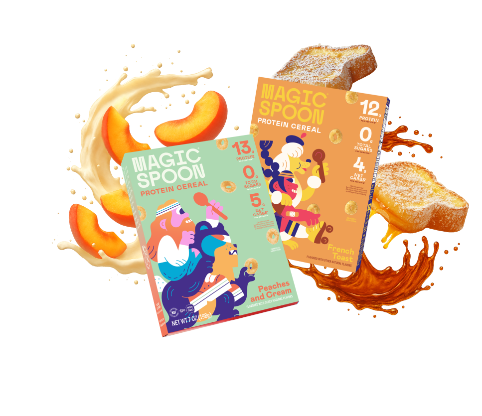Two Magic Spoon cereal boxes with peaches, cream, and French toast illustrations.