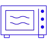A simple blue line drawing of a microwave oven on a green background.