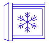 A blue line drawing icon of a freezer compartment with a snowflake symbol inside.