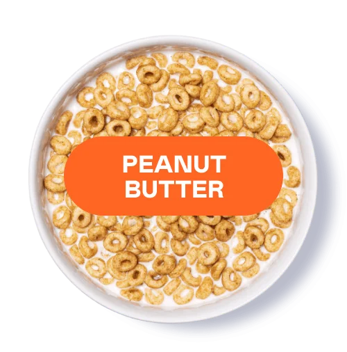 Bowl of cereal with 'Peanut Butter' label on top.