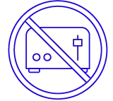 A blue 'no' symbol over a white line drawing of a toaster on a green background.
