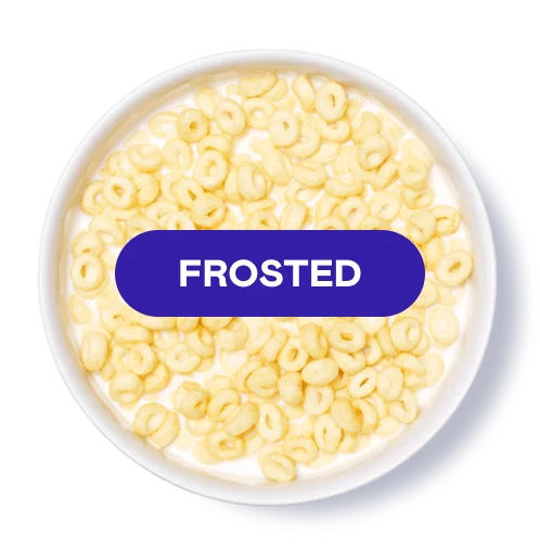 Bowl of cereal with milk labeled 'FROSTED' in blue text.