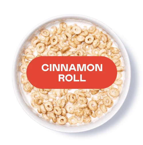 Bowl of cereal labeled 'Cinnamon Roll' on a white background.