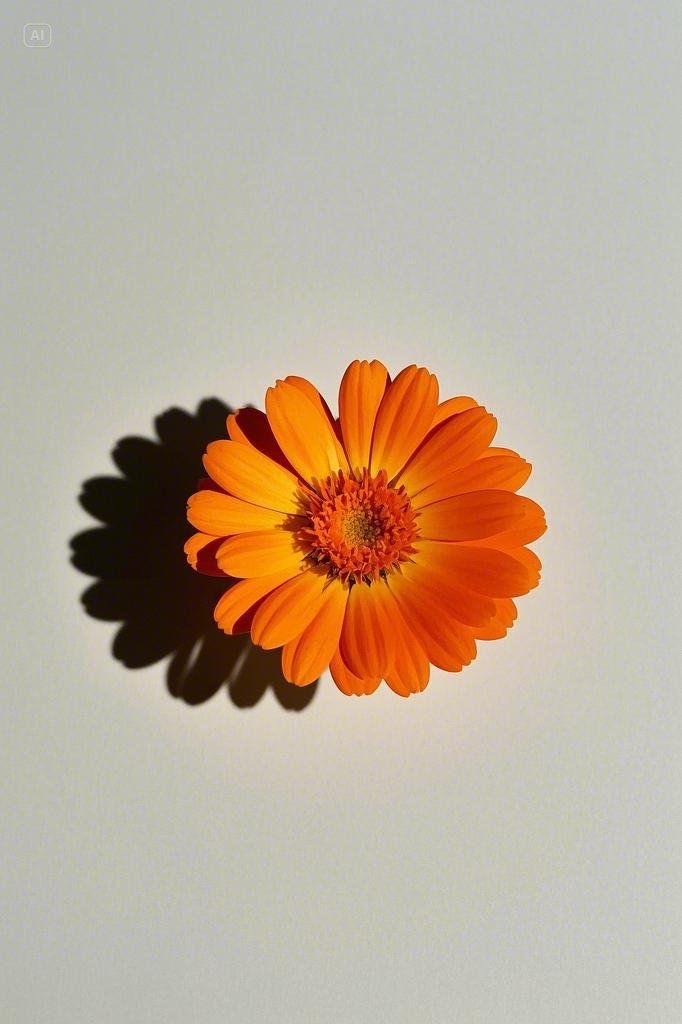 Orange flower casting a shadow on a light background.