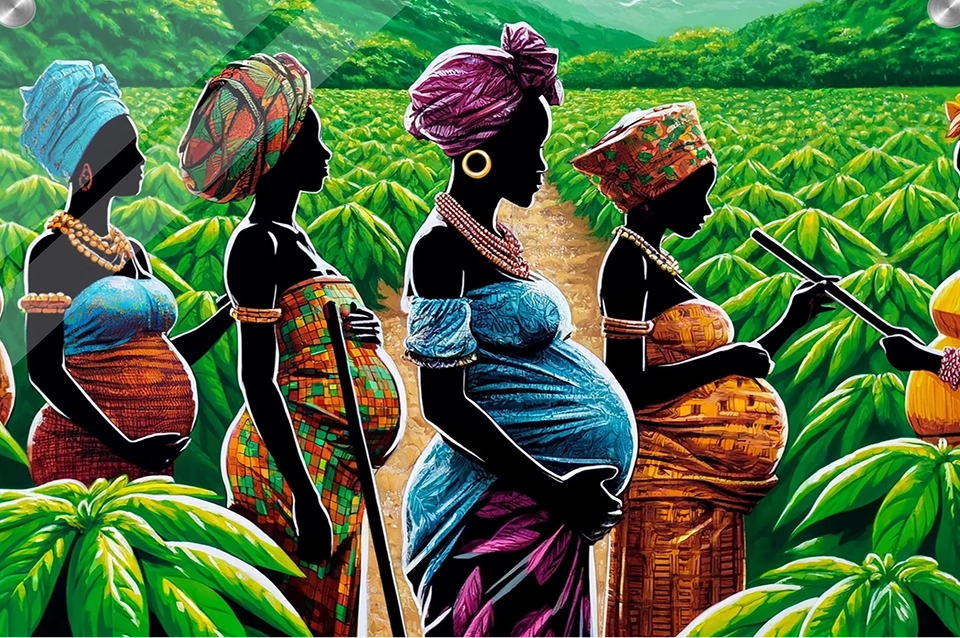 Silhouettes of four pregnant women in colorful attire walking through a lush green field.