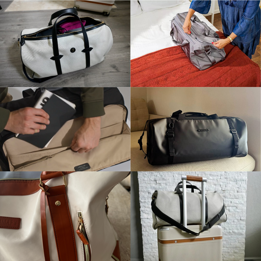 Collage of various duffel bags in different settings and colors.