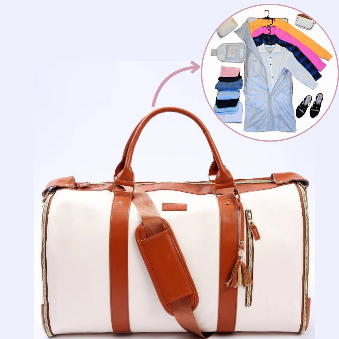 White and brown duffel bag with clothes and shoes shown in a circular inset.