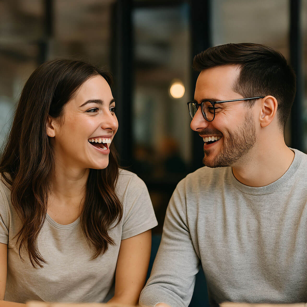 Two people sitting and smiling at each other indoors.