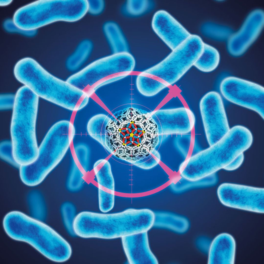 Illustration of blue bacteria with a molecular structure in a red target.