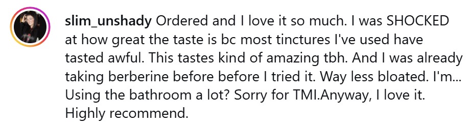Instagram comment praising a product's taste and effectiveness, with a user profile picture.