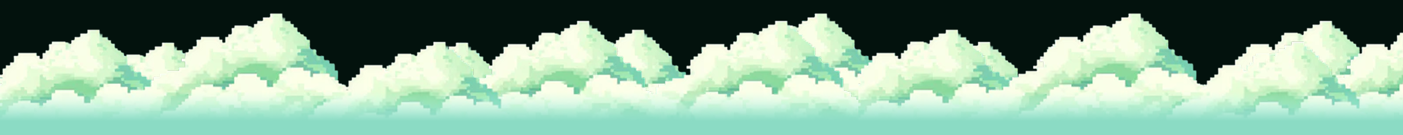 A pixel art banner of a snowy, light-green mountain range against a dark sky.