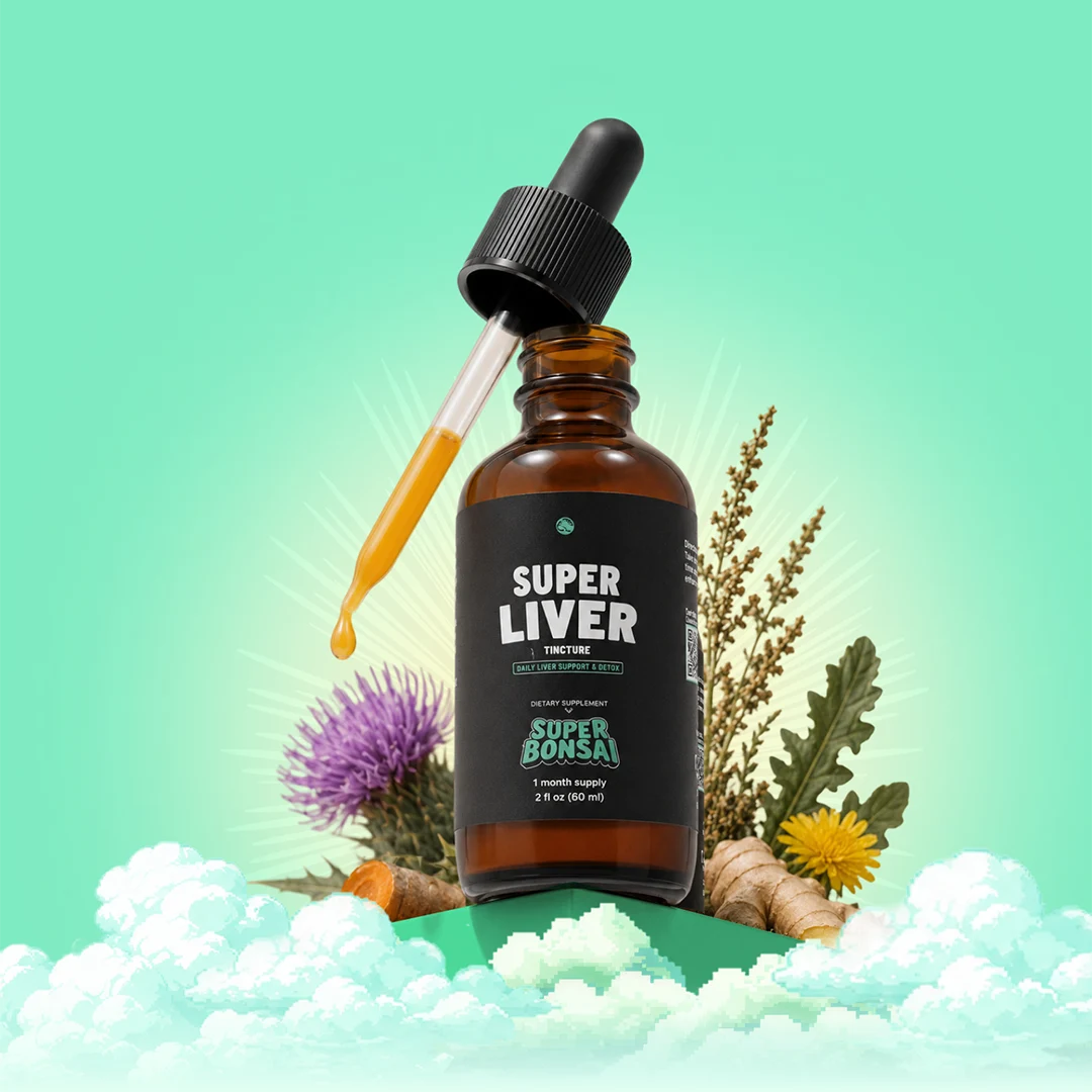 A bottle of Super Liver tincture with a dropper, surrounded by various herbs on a stylized background.