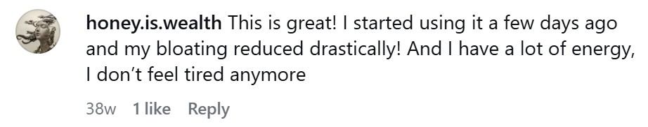 Instagram comment praising a product's effects on bloating and energy.
