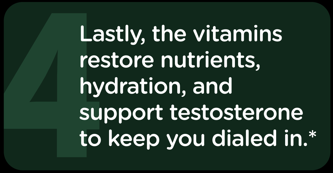 Text on dark background about vitamins restoring nutrients and supporting testosterone.