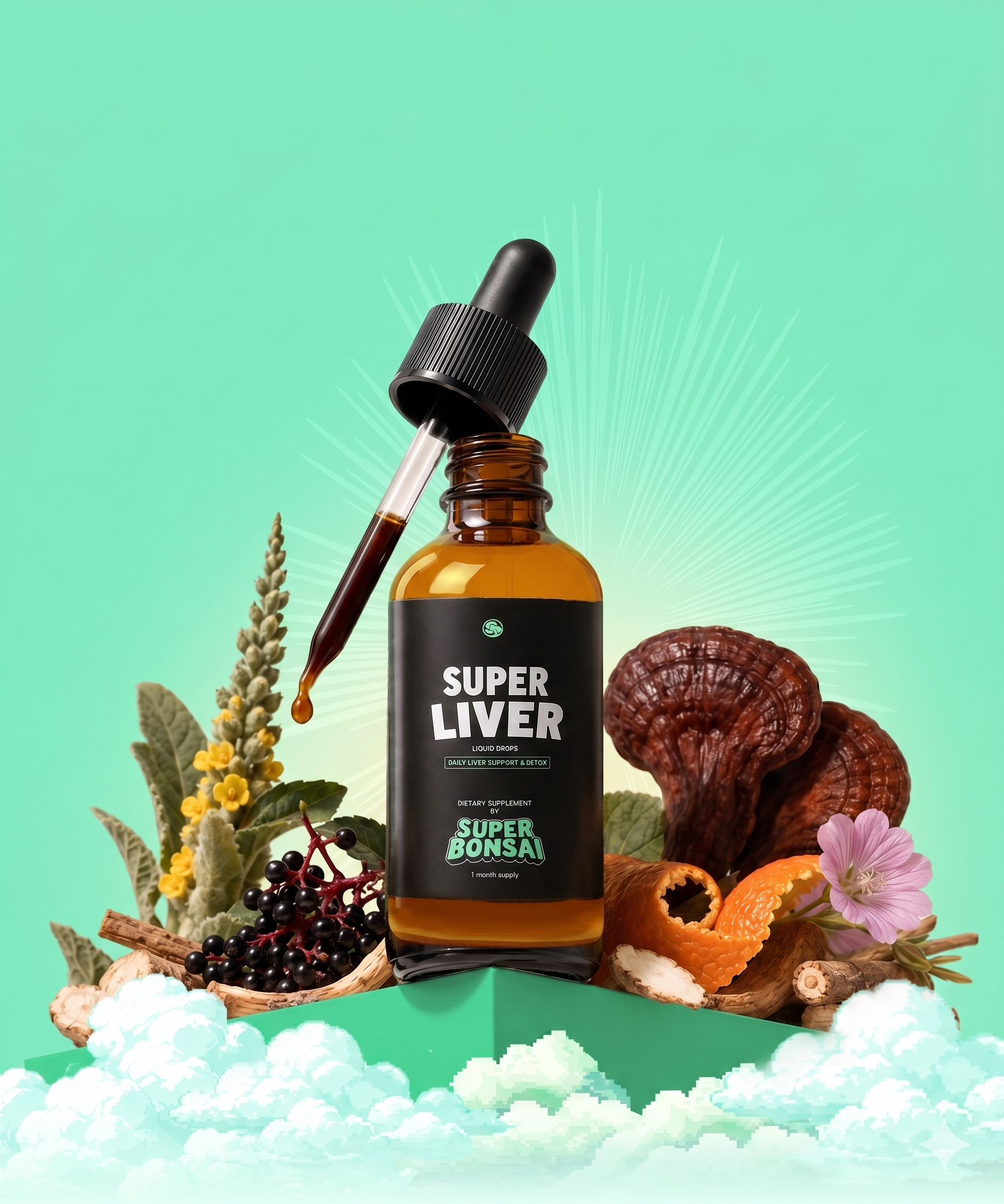 A bottle of Super Liver liquid drops with a dropper, surrounded by botanical ingredients like mushrooms and berries.