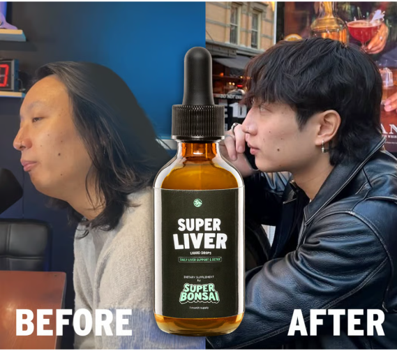Two people labeled 'Before' and 'After' with a bottle of Super Liver drops in between.
