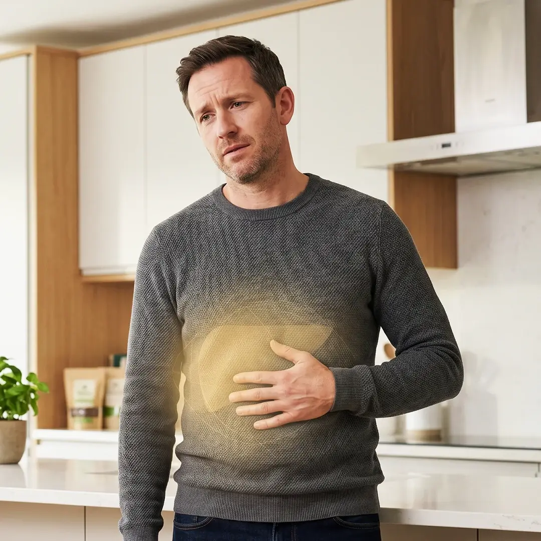 A man in a kitchen holds his side in pain, with a glowing graphic of a liver over his abdomen.