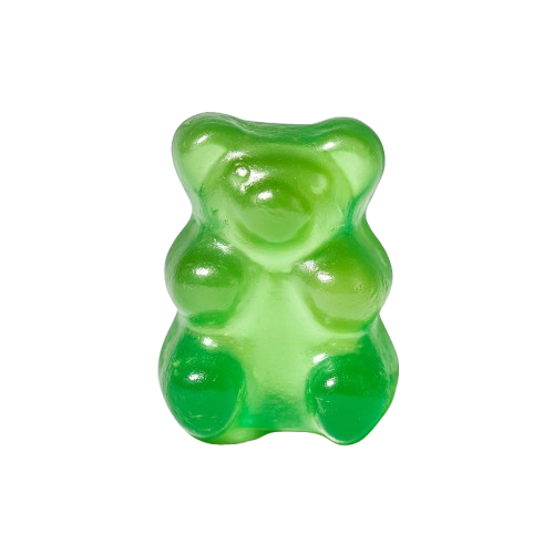 Green gummy bear candy on a white background.