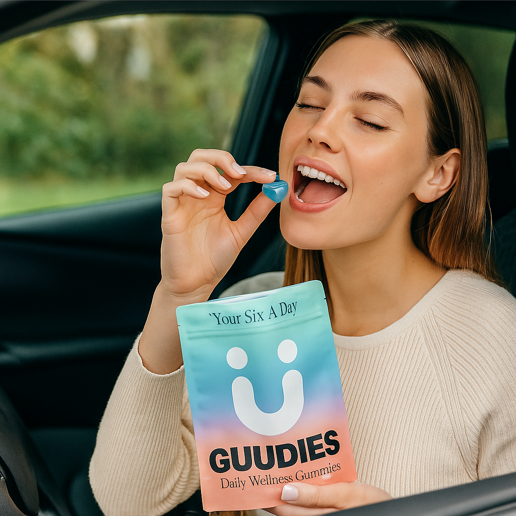 Woman eating a gummy from a wellness gummies package in a car.