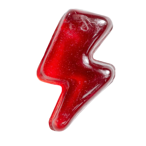 Red lightning bolt-shaped gummy candy on a white background.
