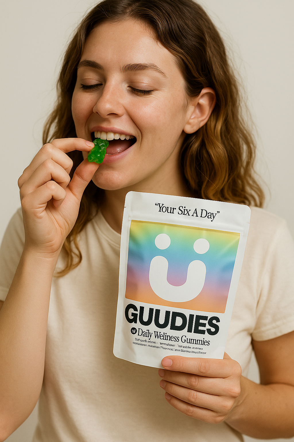 Person eating a green gummy from a 'GUUDIES' wellness gummies pouch.