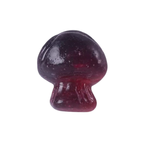 A red, mushroom-shaped gummy candy on a white background.