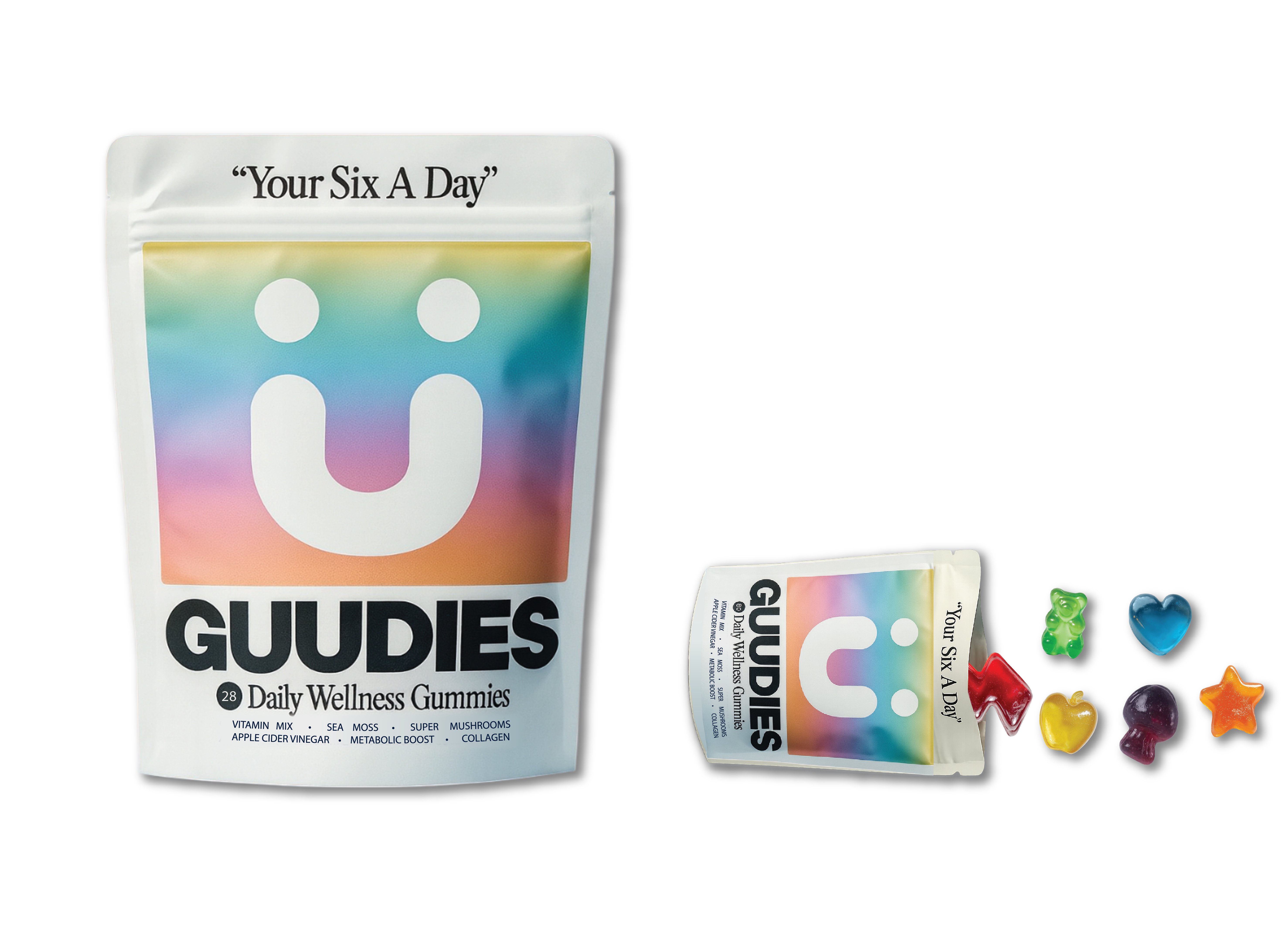 A colorful package of daily wellness gummies spilling out star, heart, bear, and skull shapes.