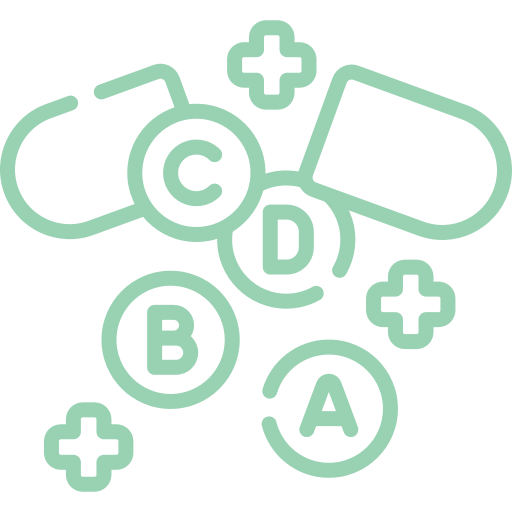 Illustration of pills and vitamin letters A, B, C, D.