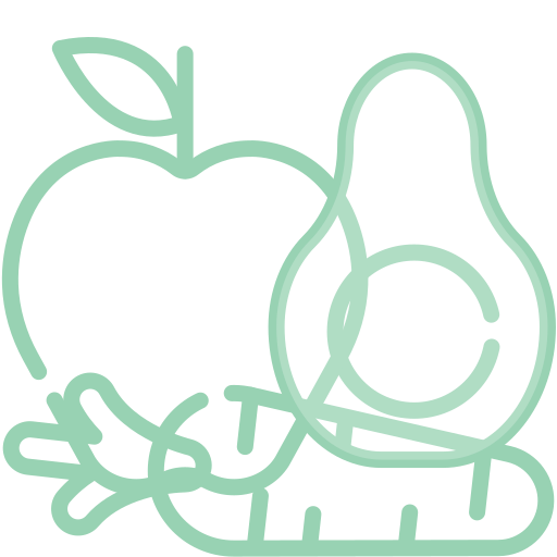 Outline icons of an apple, pear, and carrot.
