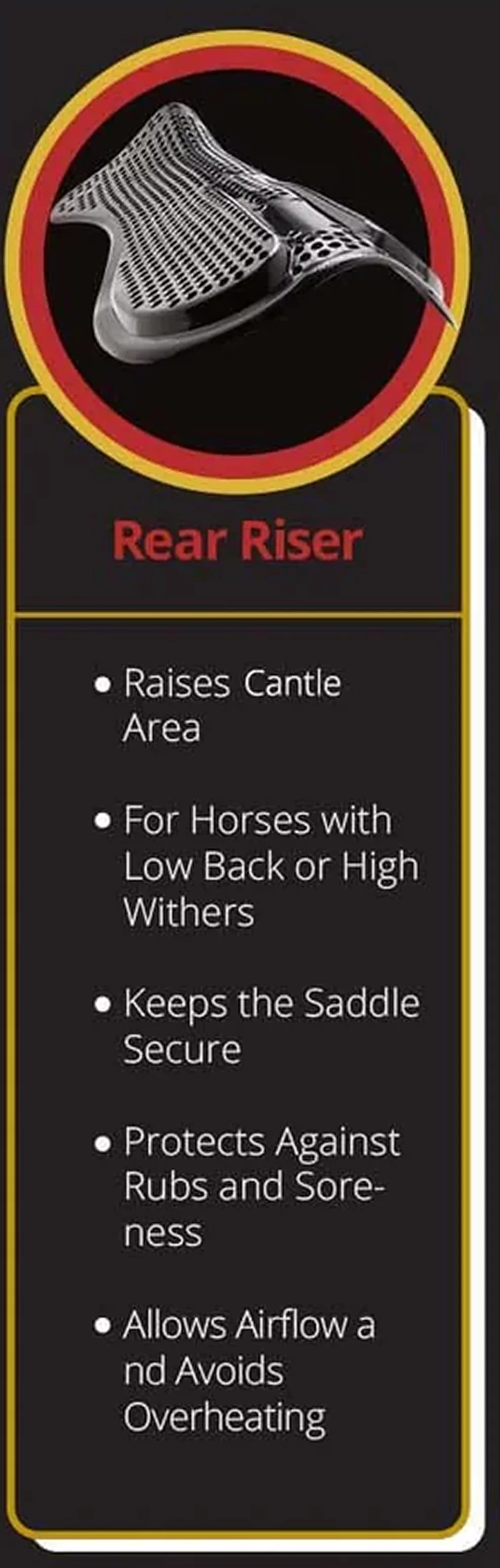 Image of a rear riser pad with features listed for horse saddles.