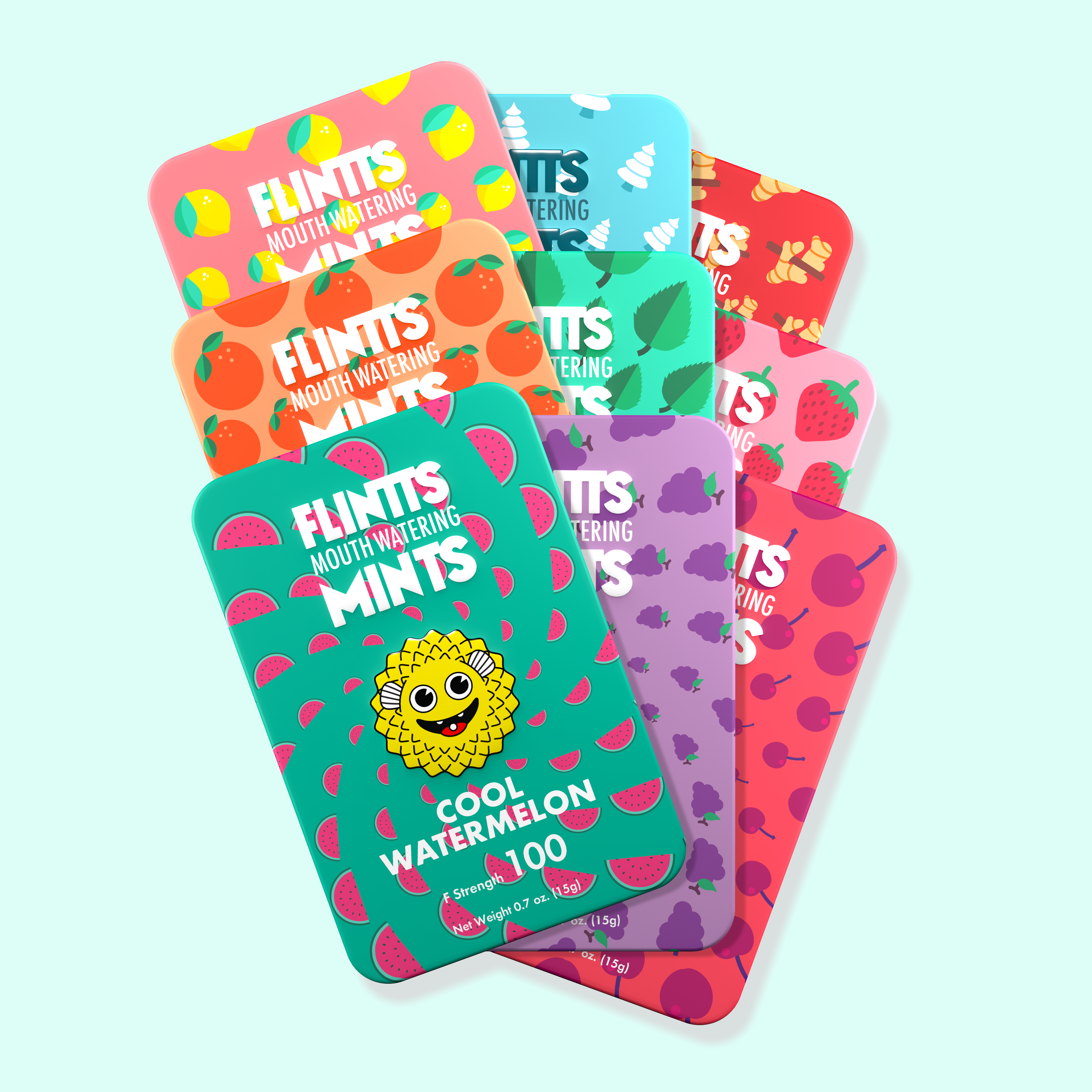 Colorful tins of mints with fruit designs and text 'FLINTTS MOUTH WATERING MINTS.'