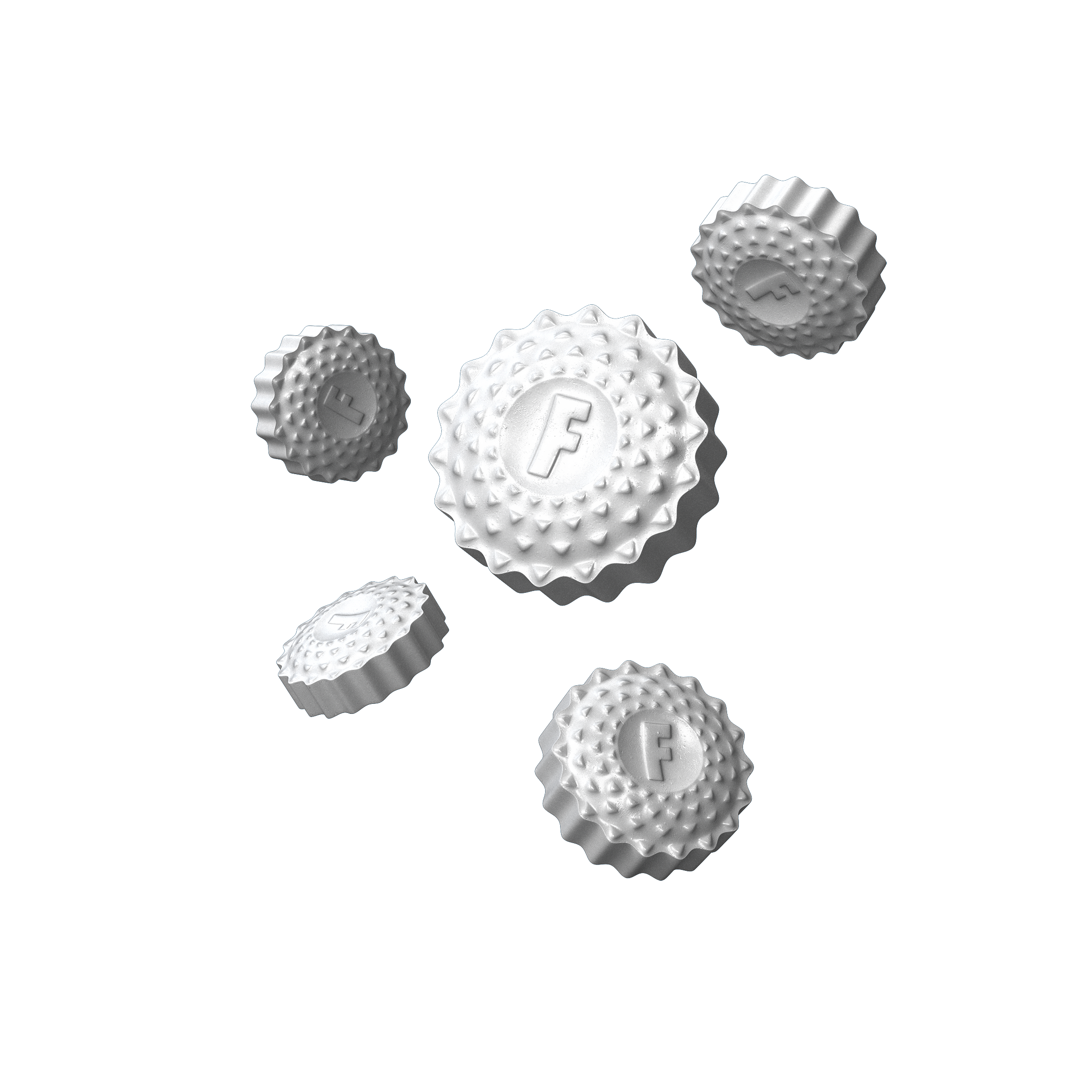 Five white textured discs with an 'F' embossed, floating on a green background.