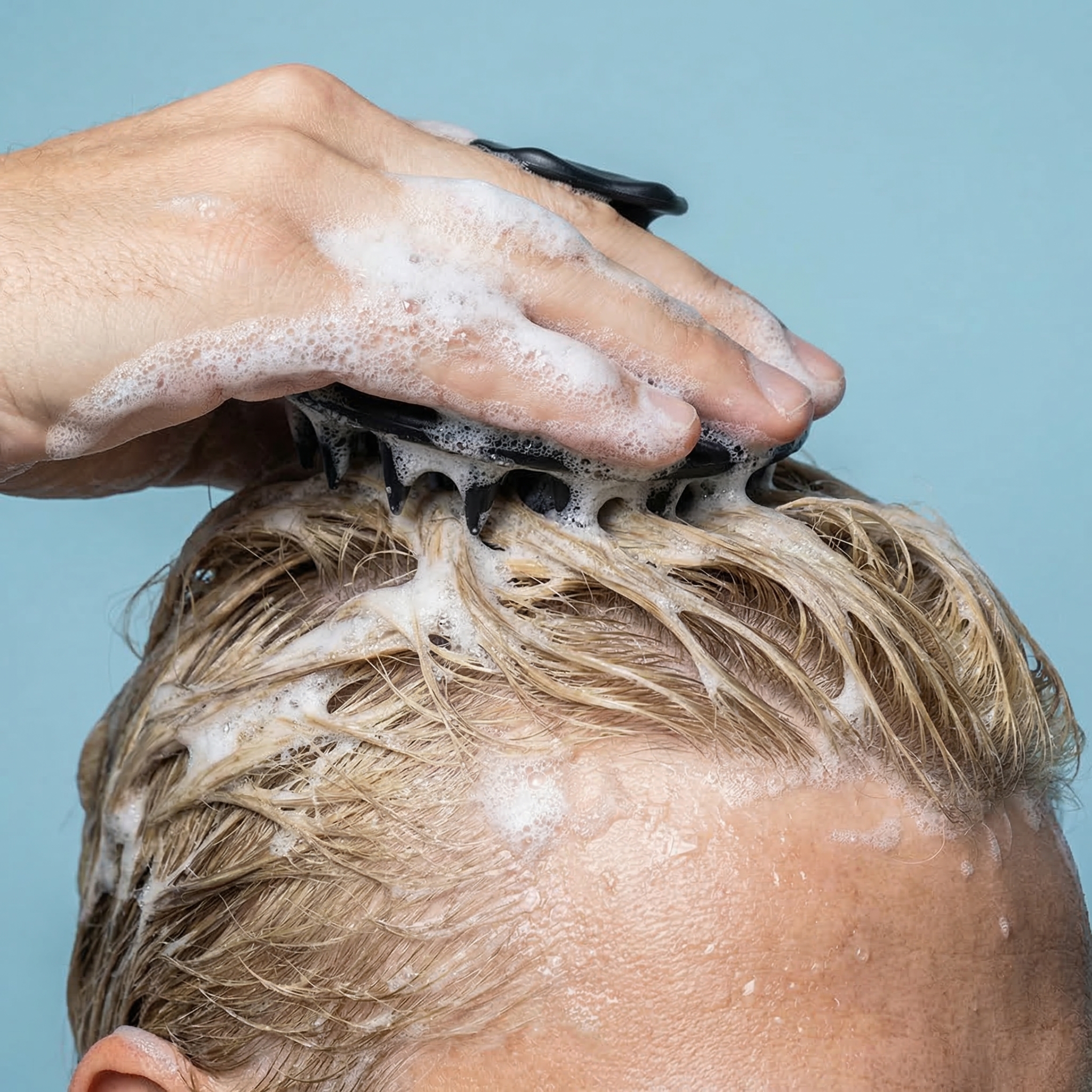 A hand using a black scalp massager to shampoo wet, sudsy blonde hair on a person's head.