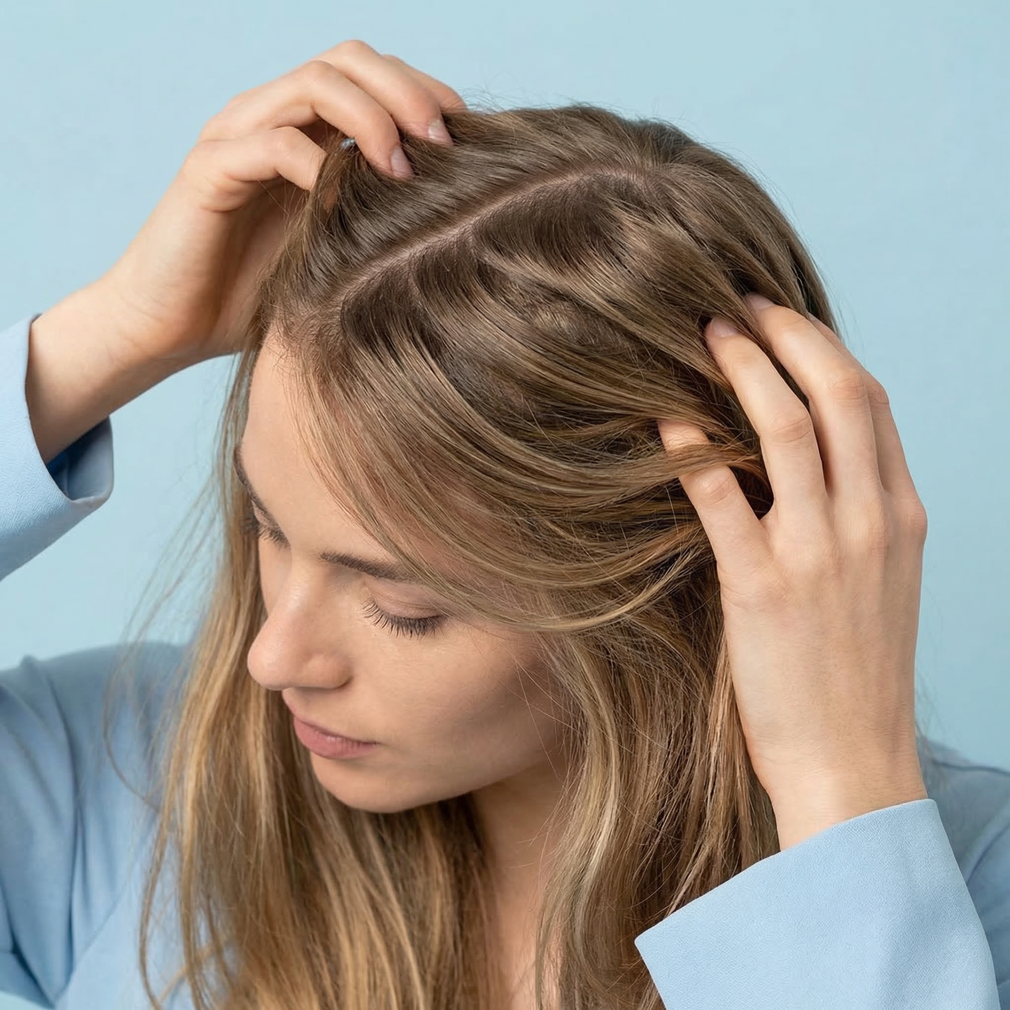 A woman in a blue shirt parts her light brown hair with her hands, showing her scalp.