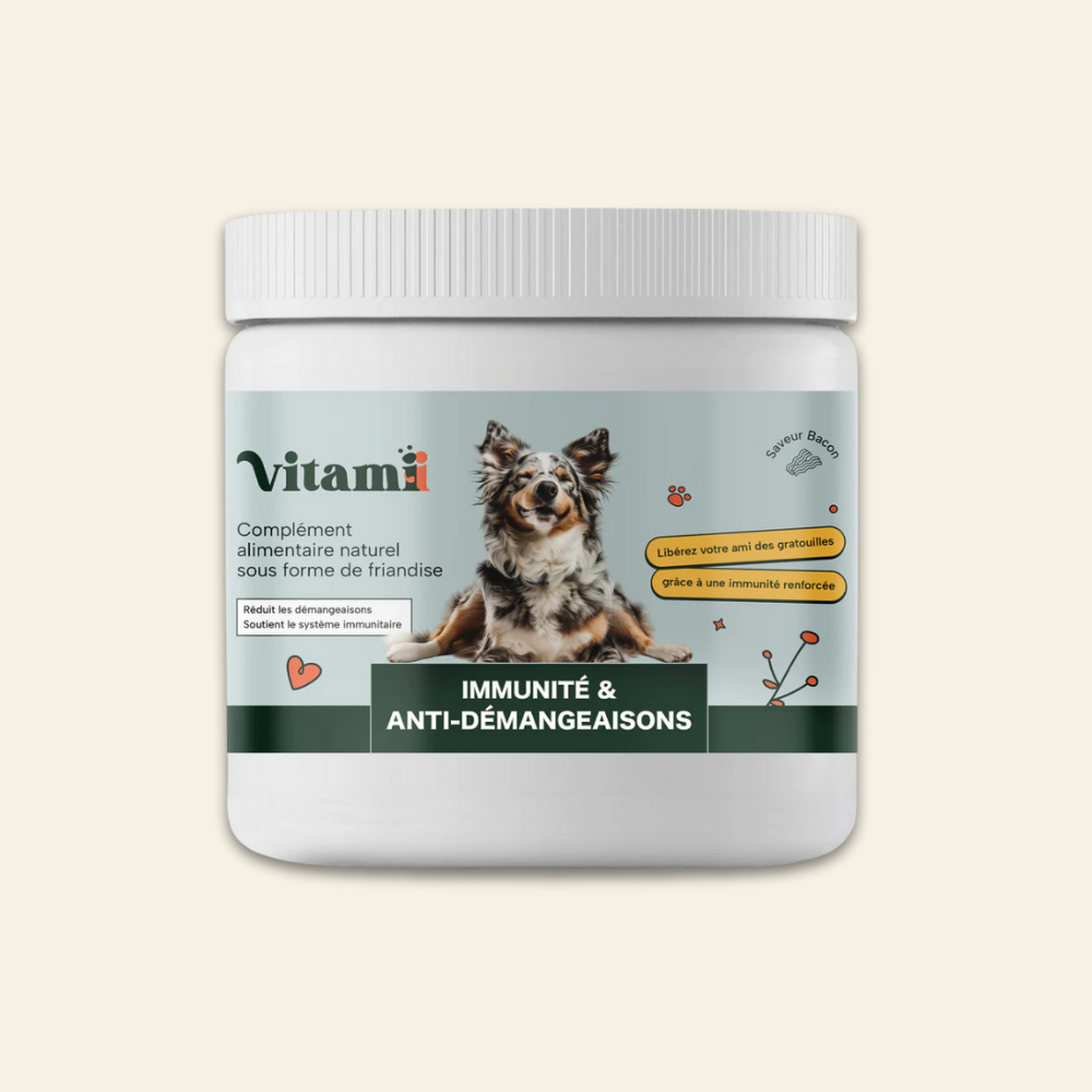 A jar labeled 'Immunité & Anti-Démangeaisons' with a happy dog image on the front.