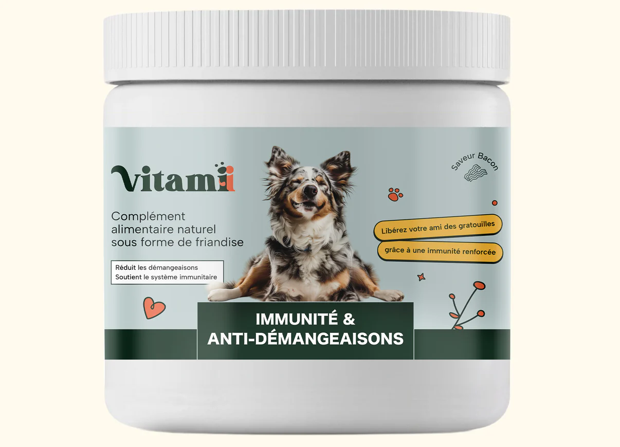 A jar of dog supplements with a happy dog image on the label.