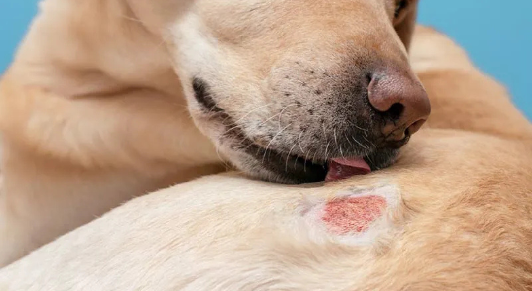 Dog licking a wound on its fur.