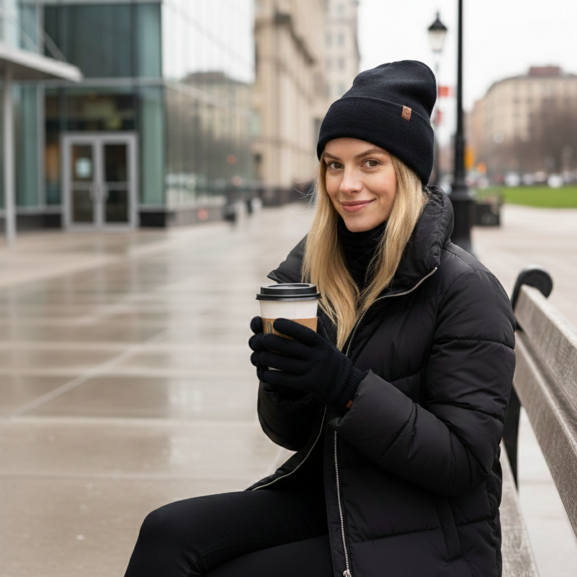 A woman in a black beanie and jacket sits on a bench holding a coffee cup.