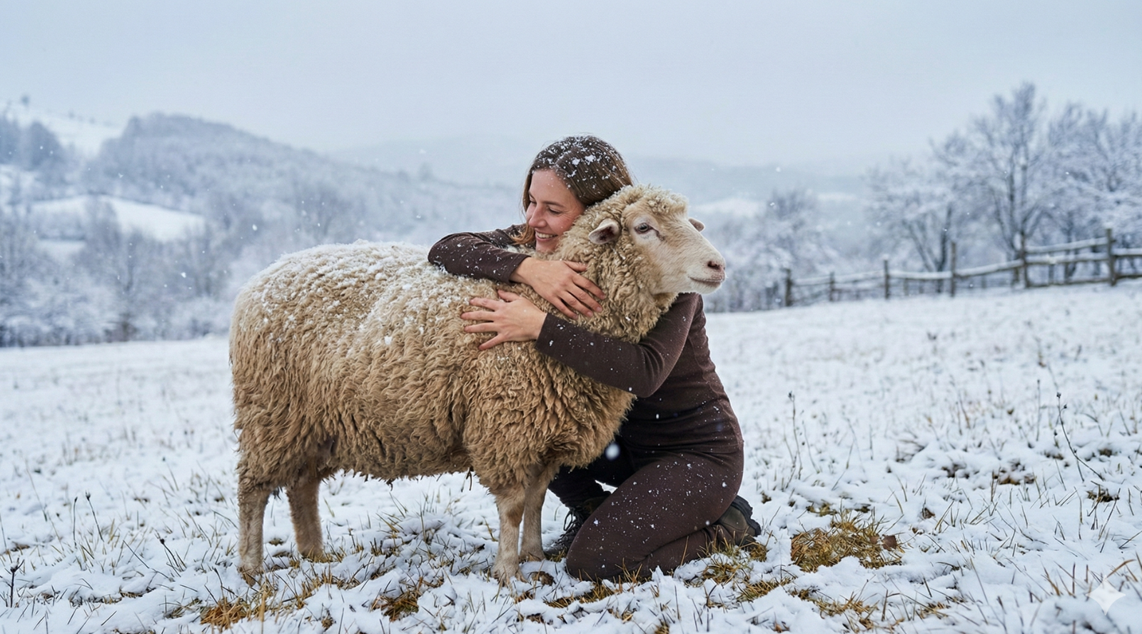 A woman kneels in a snowy field, hugging a large, woolly sheep while it snows.