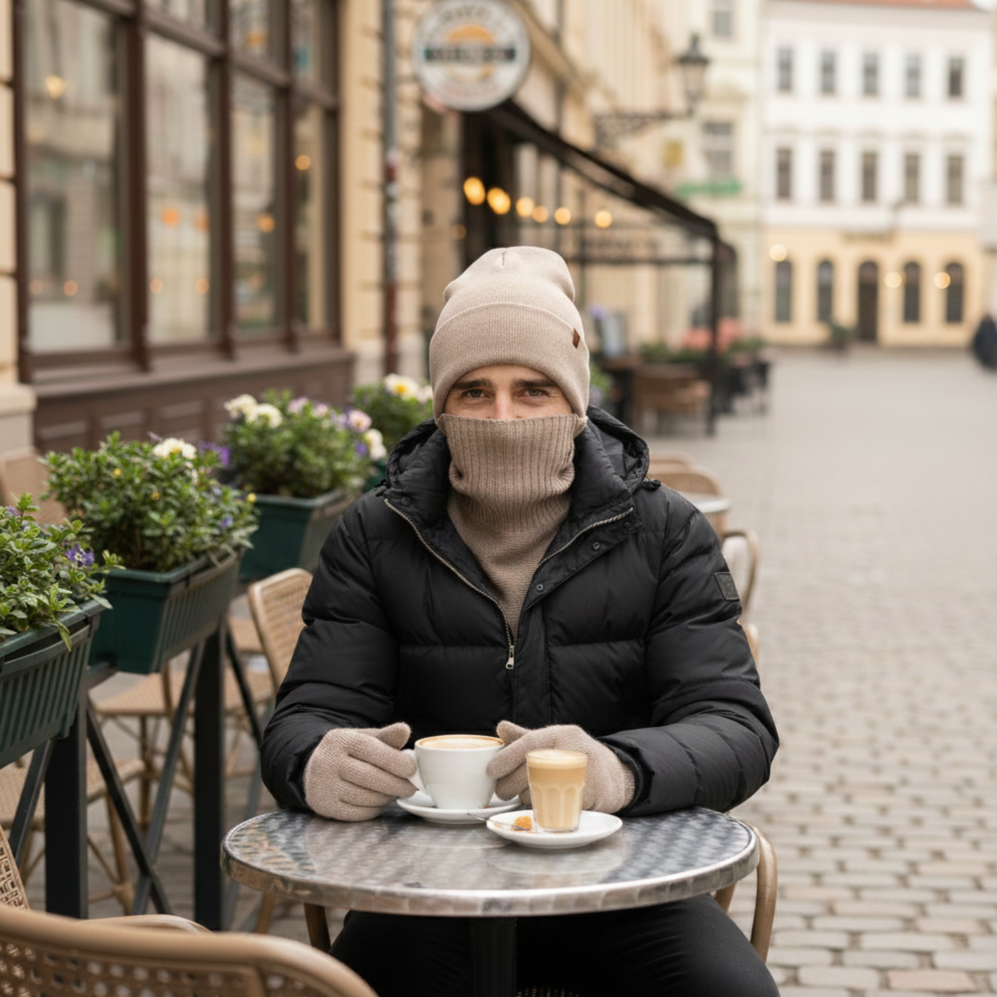 A man in a puffer jacket, beanie, and neck gaiter sits at an outdoor cafe table with coffee.