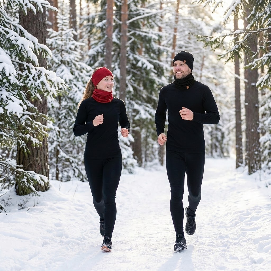 A man and a woman in black thermal wear jog together on a snowy path through a forest.