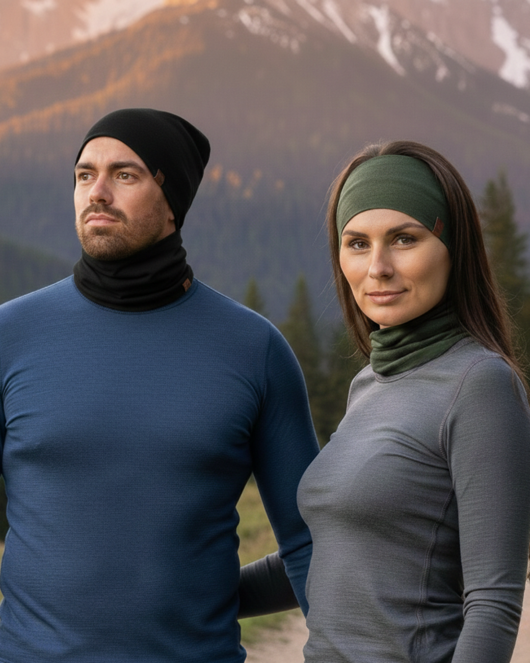 A man and a woman stand outside in cold-weather headwear and neck gaiters, with mountains behind them.