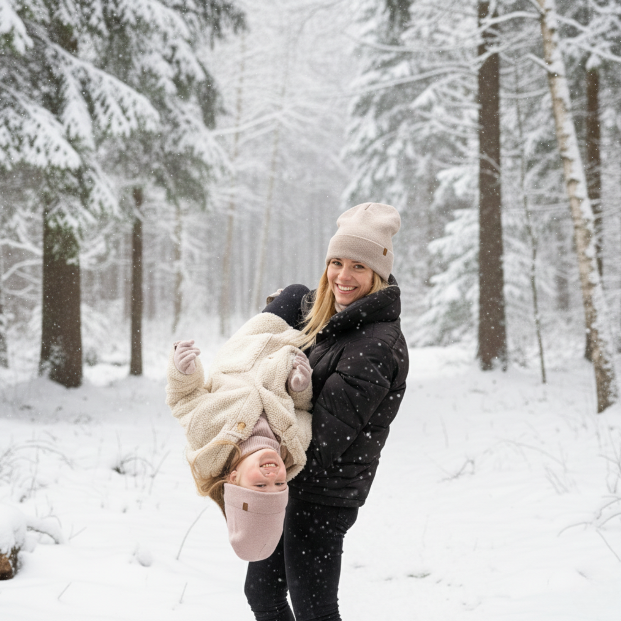 A woman smiles while holding a young child upside down in a snowy forest as it snows.