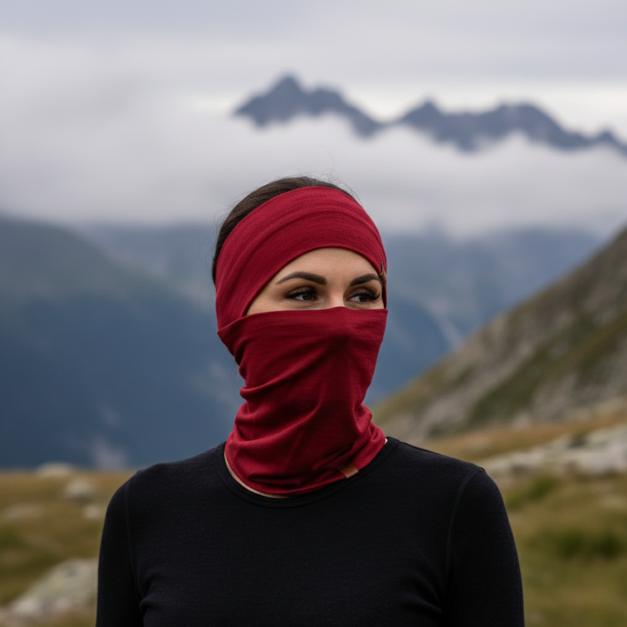 A woman wears a red headband and face covering with mountains in the background.