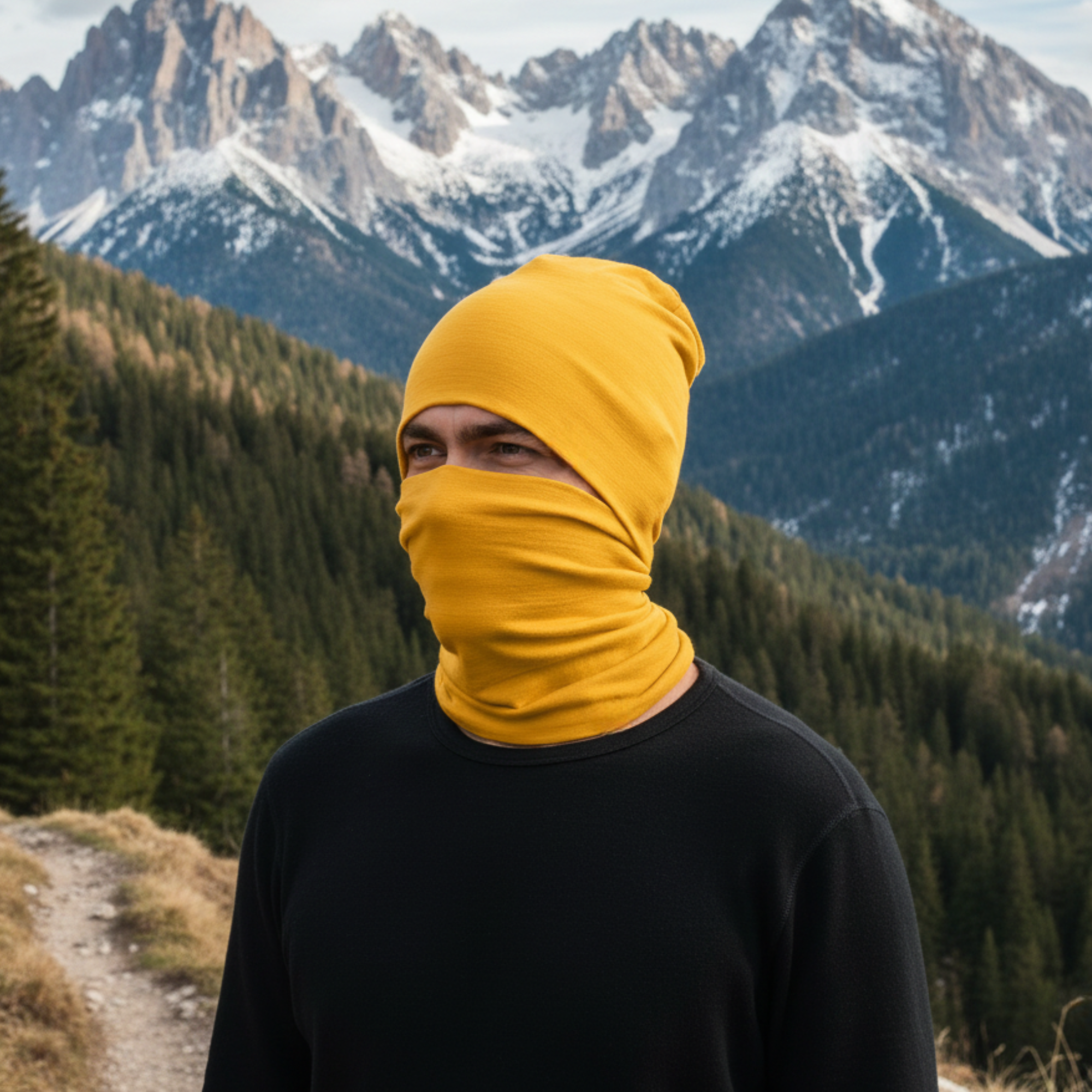 A person wearing a yellow balaclava stands on a trail with a backdrop of snowy mountains.