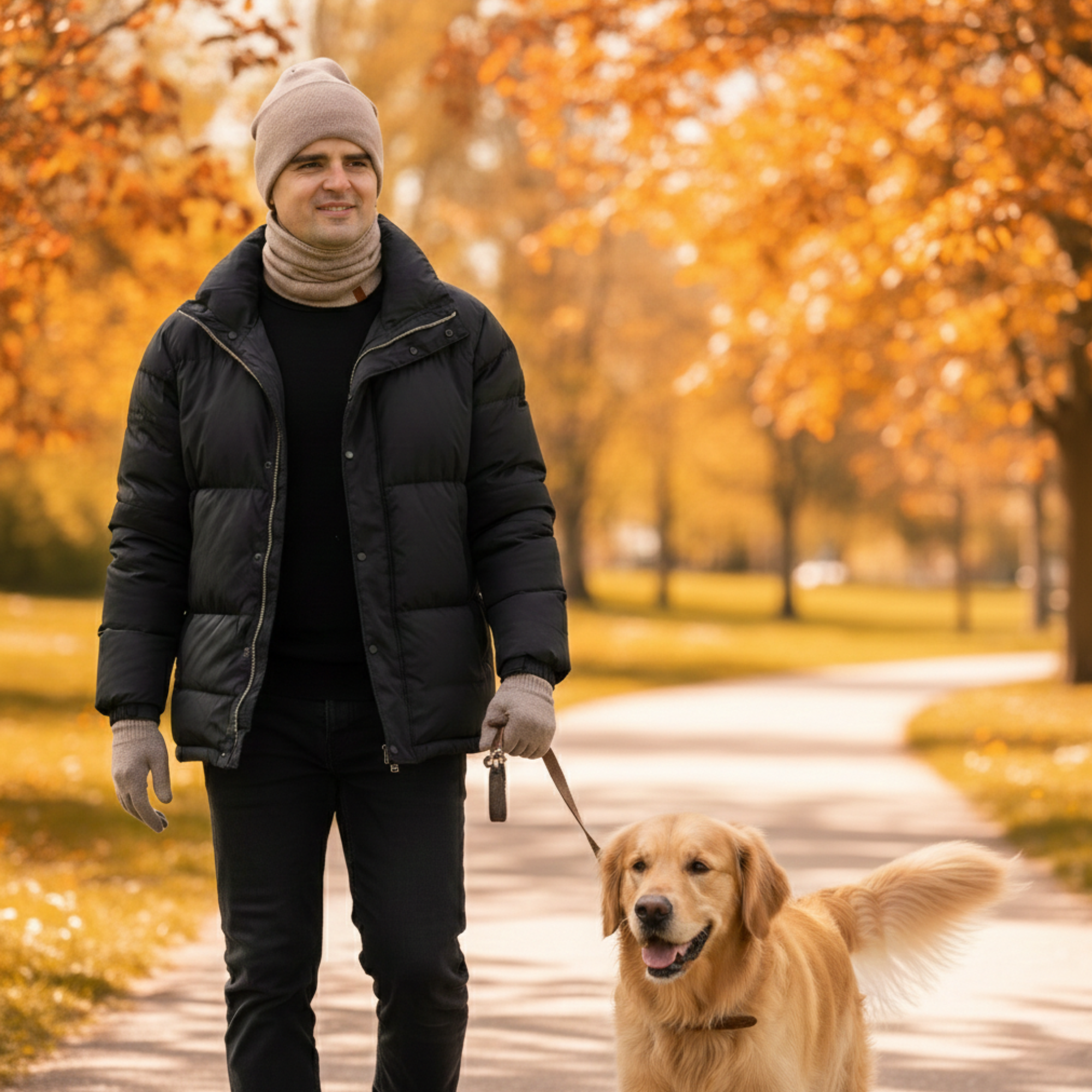 A man in a black puffer jacket walks his golden retriever through a park in autumn.