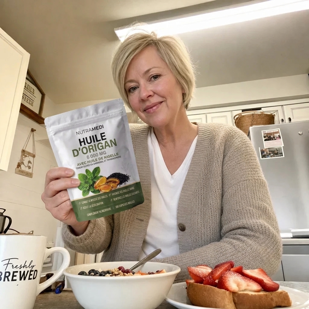 A woman in a kitchen holds up a pouch of Nutramedi Huile D'Origan over her breakfast.